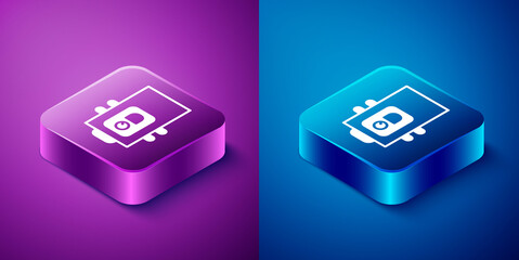 Isometric Gas boiler with a burning fire icon isolated on blue and purple background. Square button. Vector.