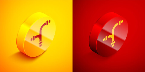 Isometric Industry metallic pipe icon isolated on orange and red background. Plumbing pipeline parts of different shapes. Circle button. Vector.