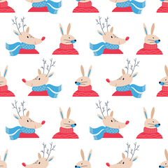 Seamless vector pattern with hand drawn festive bunny and deer