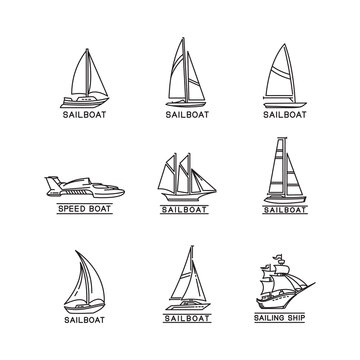 marine transportation vehicles monoline sailboat vector design in set