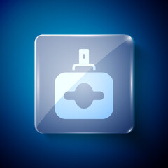 White Perfume icon isolated on blue background. Square glass panels. Vector.