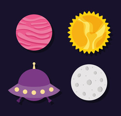 Space rocket with moon on starry background vector design
