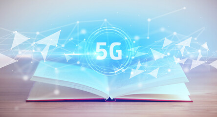 Open book with 5G abbreviation, modern technology concept