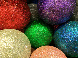 Christmas decorations for compositions. Shiny balls, tinsel. holiday background. Copy space for text.