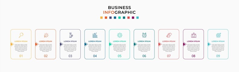 Vector Infographic design template with icons and 9 nine options or steps. Can be used for process diagram, presentations, workflow layout, banner, flow chart, info graph.