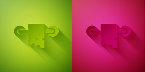 Paper cut Toilet paper roll icon isolated on green and pink background. Paper art style. Vector.