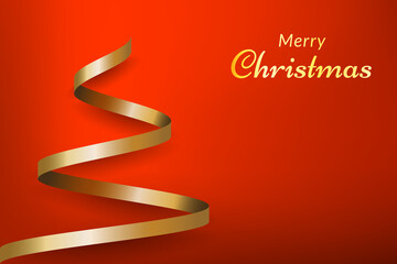 Red Christmas background with tree made of gold ribbon. vector designs for invitations, advertisements, banners, posters, greeting cards, social media posts and more