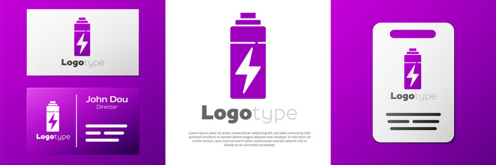 Logotype Battery icon isolated on white background. Lightning bolt symbol. Logo design template element. Vector.