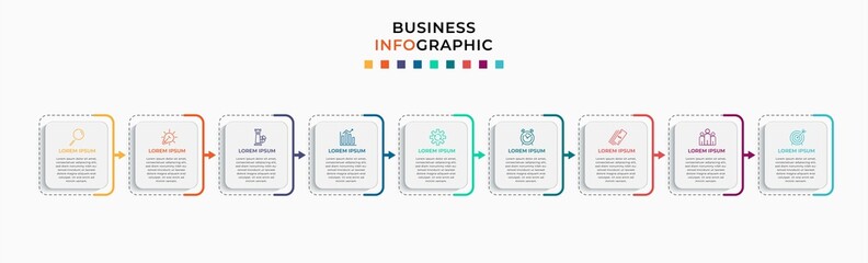 Vector Infographic design template with icons and 9 nine options or steps. Can be used for process diagram, presentations, workflow layout, banner, flow chart, info graph.