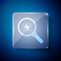White Magnifying glass with lightning bolt icon isolated on blue background. Flash sign. Charge flash. Thunder bolt. Lighting strike. Square glass panels. Vector.