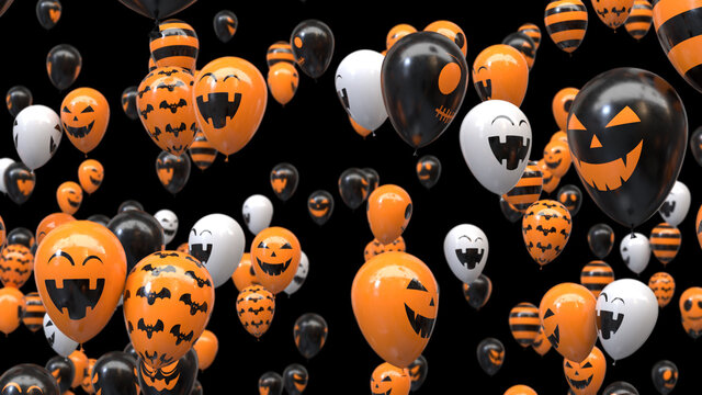 3d render Flying halloween balloons on black background
