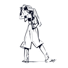 Fashionable girl seeking cover from rain under her leather jacket. 