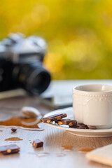 chocolate slices close - up on the background of spilled coffee in a cafe. Mess at the table in the cafe