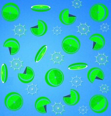 pattern of green lime and snowflakes on a blue background