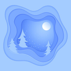 Vector Winter night scene in cut paper style with fir trees and Moon