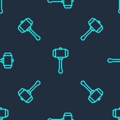 Green line Hammer icon isolated seamless pattern on blue background. Tool for repair. Vector.