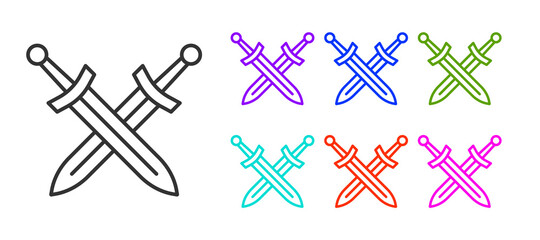 Black line Crossed medieval sword icon isolated on white background. Medieval weapon. Set icons colorful. Vector.