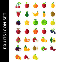 fruits icon set include apple, orange, strawberry, lemon, grape, avocado, banana, pineapple, durian, MANGOSTEEN, STARFRUIT, WATERMELON, KIWI, melon, rambutan, pomegranate, peach