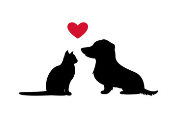 Paper art of black cat, dog and Red heart, Silhouette of cat on white background