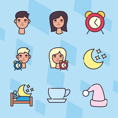 insomnia line and fill style icon set vector design