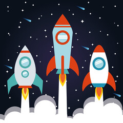 Fototapeta premium Space rockets with smoke on starry background vector design