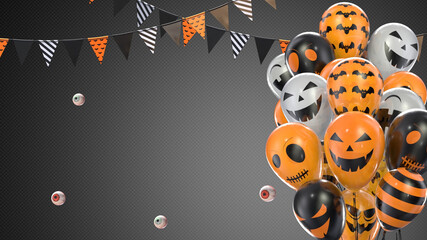 3d render Gray gradient background of halloween balloons hanging flags on a rope