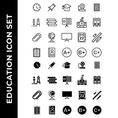 school education icon set include clock,attachment,graduate,bell,calculator,compass,book,presentation,school,locker,earth,computer,eraser,clipboard,reading,score,