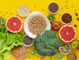 Healthy eating ingredients: vegetables, fruits, seeds. Clean eco food concept