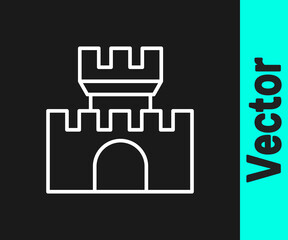 White line Castle icon isolated on black background. Medieval fortress with a tower. Protection from enemies. Reliability and defense of the city. Vector.
