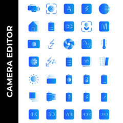 camera editor icon set include camera,flash,photo filter,power,resolution,gallery,image,battery
