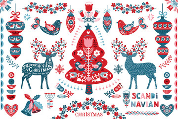 Scandinavian Christmas Folk Art Design Elements - obrazy, fototapety, plakaty