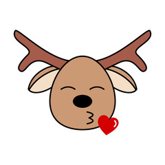 Cute reindeer emoji sending kiss. Funny deer cartoon character doodle blows kiss. Reindeer emoticon sending love. Isolated on white background with outline. Wildlife animal kids drawing. Vector flat