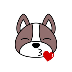 Blue French Bulldog emoji sending kiss.  Cute French Bulldog blows kiss. Funny kawaii dog in love emoticon. Romantic animal character with heart and lips. Isolated on white background. Vector, flat.