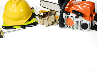 Fototapeta premium Professional petrol chainsaw isolated on a white background.