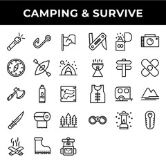 camping And Survive icon set include flashlight,fishing,flag,compass,kayak,tent,bottle,knife,tissue,forest,boots,knife,barbeque,life jacket,mountain,sleeping bag