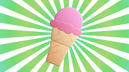 Hand-drawn ice cream on the blue rays background. Vector illustration