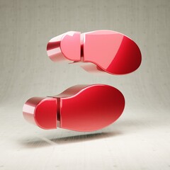 Shoe Prints icon. Red glossy metallic Shoe Prints symbol isolated on white concrete background.