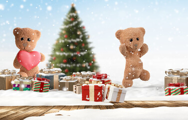 teddy bear with christmas gifts and tree background. white snow. christmas 3d-illustration