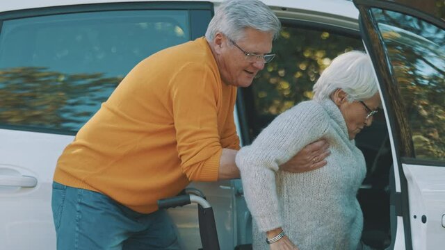 Elderly couple traveling. Man helping woman to get into the wheelchair from the car. High quality 4k footage