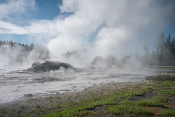 hydrothermal areas of upper geyser basin in yellowstone national park, wyoming in the usa