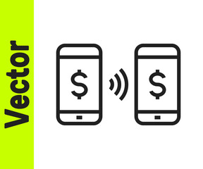 Black line Money payment transfer in mobile icon isolated on white background. Concept of fast pay by purchase. Sending and receiving money. Vector.