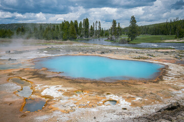 hydrothermal areas of biscuit basin in yellowstone national park, wyoming in the usa