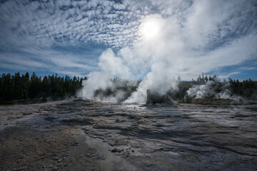 hydrothermal areas of upper geyser basin in yellowstone national park, wyoming in the usa