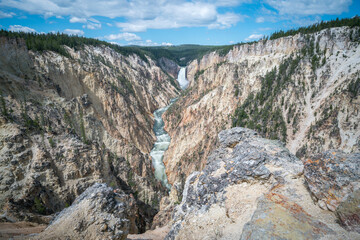 lower falls of the yellowstone national park from artist point, wyoming, usa