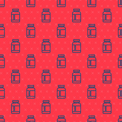 Blue line Sports nutrition bodybuilding proteine power drink and food icon isolated seamless pattern on red background. Vector.
