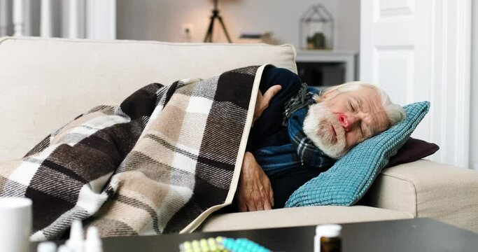 Close up of sad ill Caucasian grey-haired male with red nose lying on sofa in room and feeling bad. Senior unwell man in warm plaid on couch at home. Epidemic virus infection. Season sickness concept