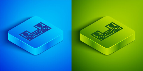 Isometric line Home stereo with two speaker s icon isolated on blue and green background. Music system. Square button. Vector.