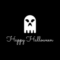 Halloween greeting card, cartoon ghost and lettering greeting on black background