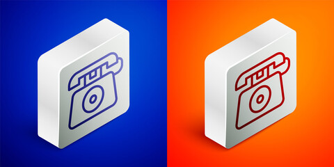 Isometric line Telephone with emergency call 911 icon isolated on blue and orange background. Police, ambulance, fire department, call, phone. Silver square button. Vector.