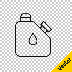 Black line Canister for flammable liquids icon isolated on transparent background. Oil or biofuel, explosive chemicals, dangerous substances. Vector.